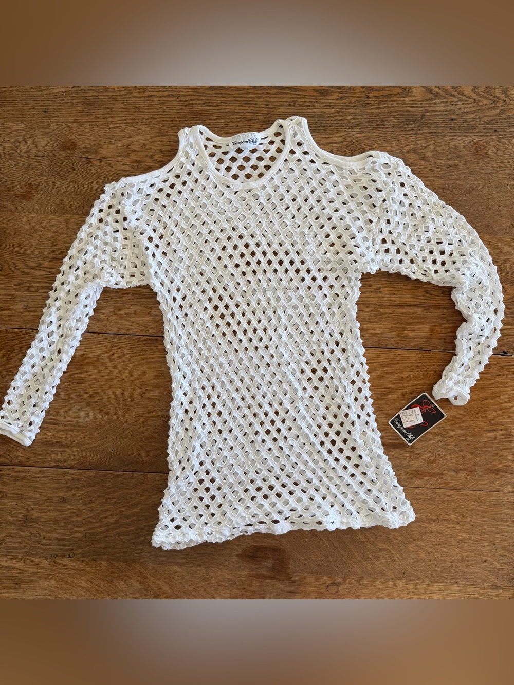 Vintage European Club 100% COTTON  White Open-Knit Cold-Shoulder Swim Coverup